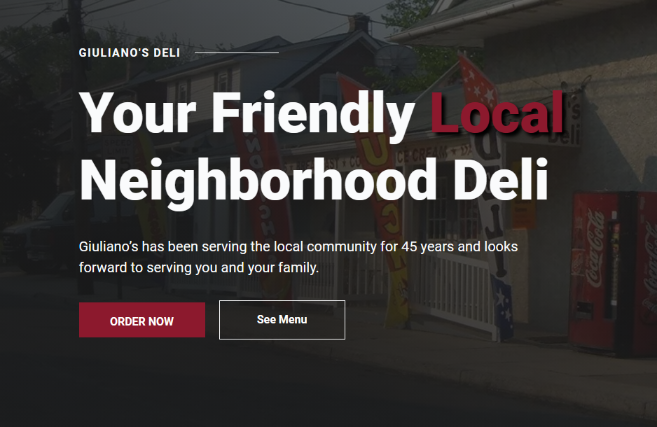 Giuliano's Deli website homepage displaying menu and ordering options